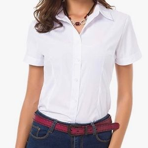 (NEW) White Short Sleeve Stretch Button Up